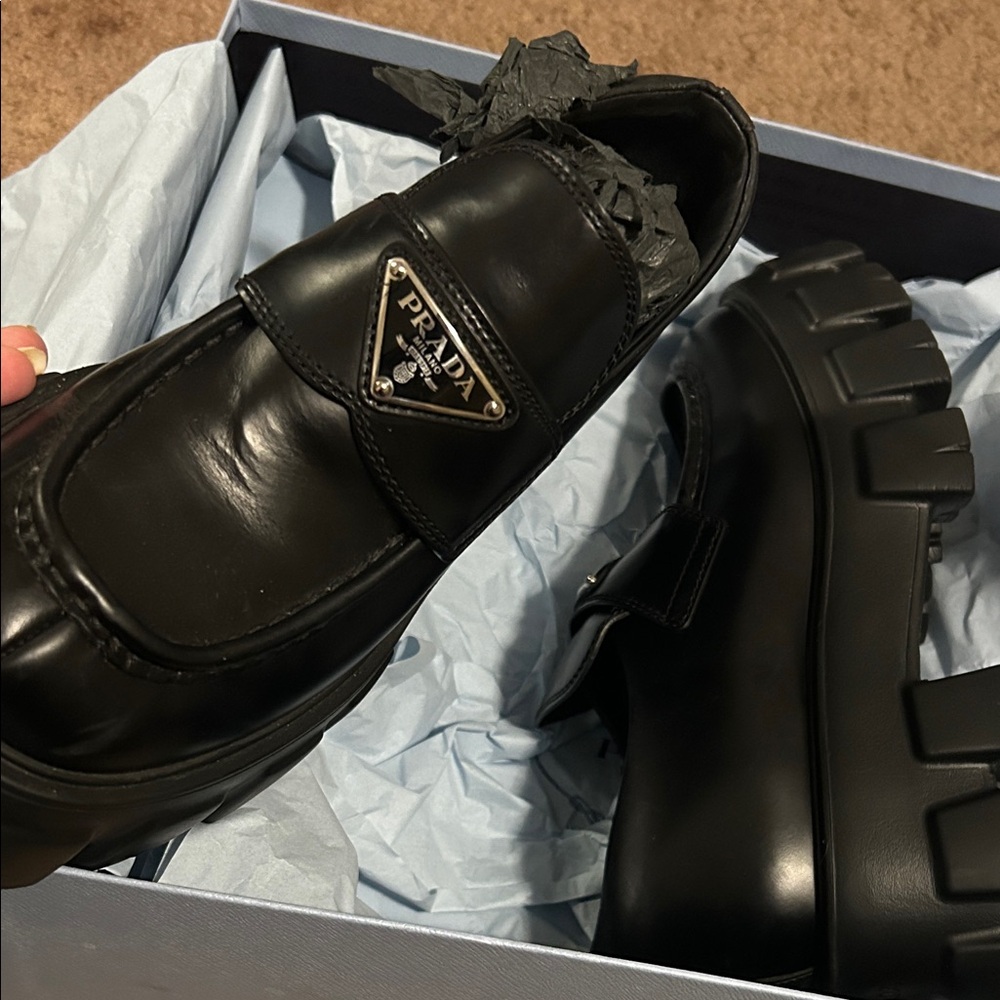 Prada Women’s Platform Black Leather Slip-On Loafers